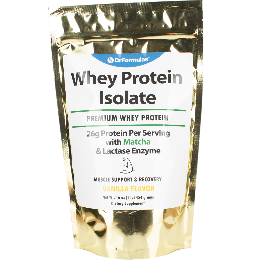 DrFormulas Lactose Free Whey Protein Powder (Isolate) with Lactase, Organic Matcha with Vanilla Flavor, 1 lb