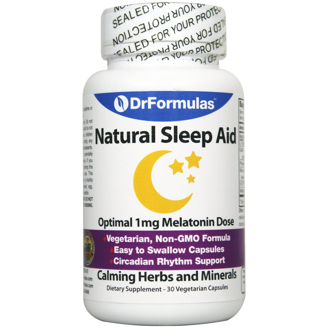 DrFormulas 1mg Melatonin Natural Herbal Sleep Aid Pills for Adults and Kids with L-Theanine, GABA Fast Acting 30 Day Supply